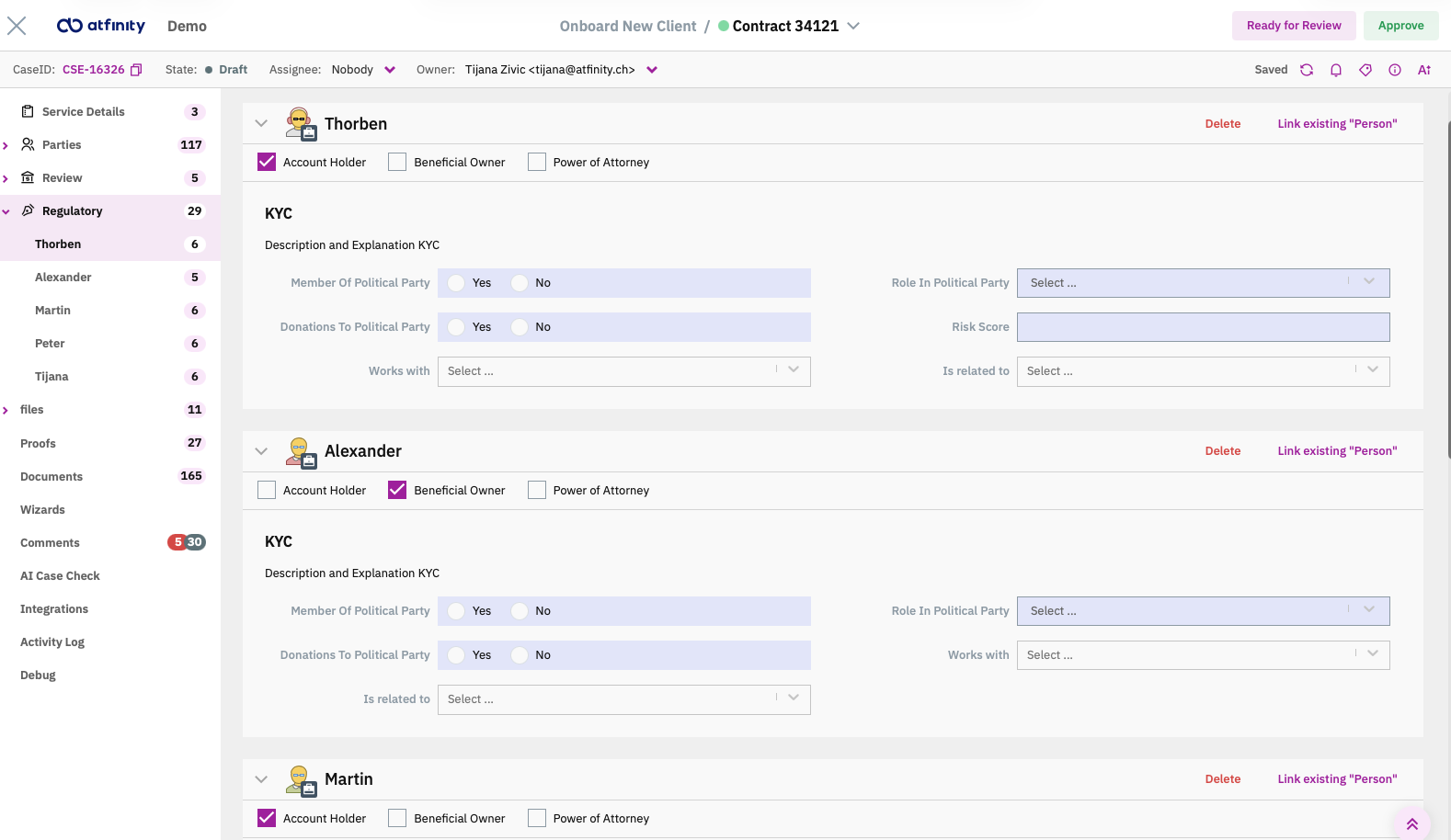 Working on a case in the Case Manager â the Regulatory tab showing each party's KYC information